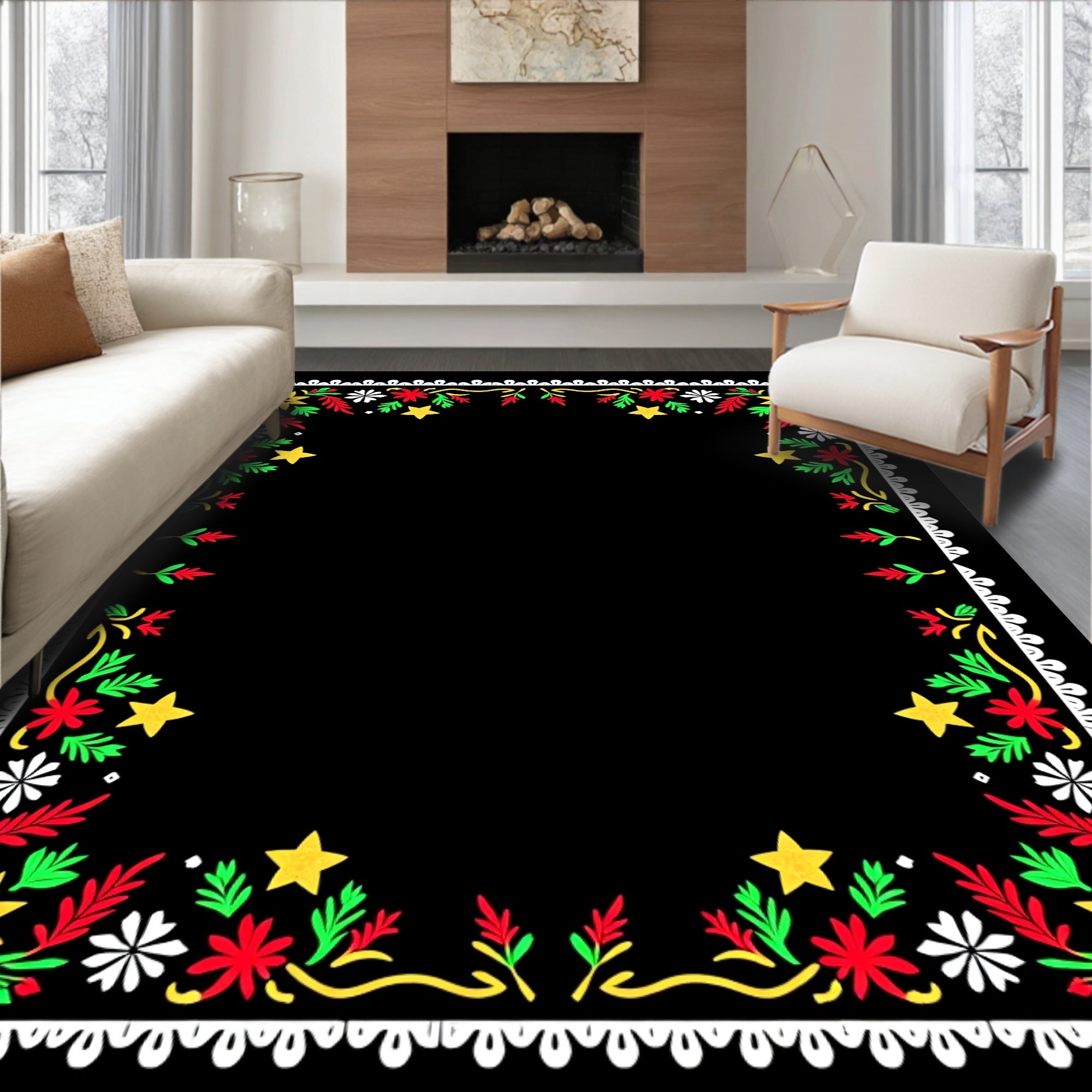 Festive Floral Star Border Design Rug