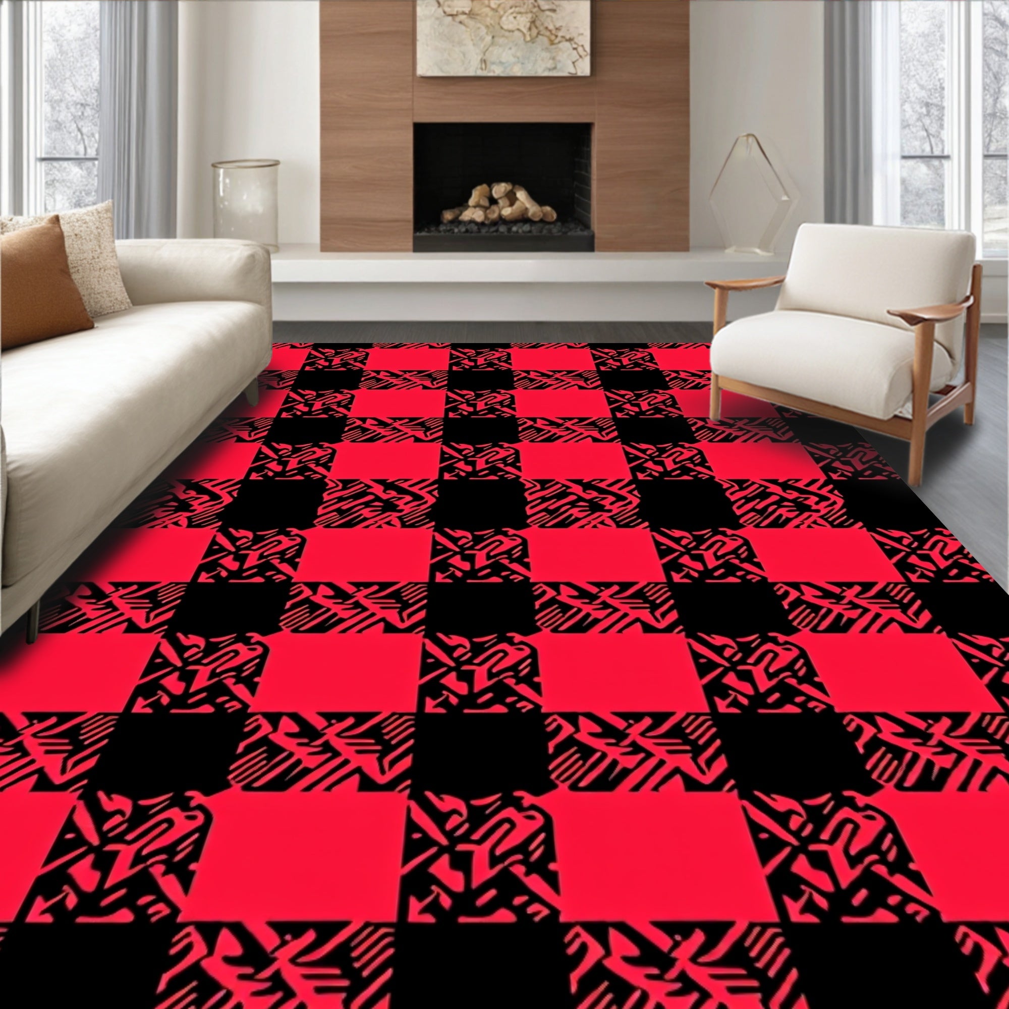 Red and Black Abstract Buffalo Check Design Rug