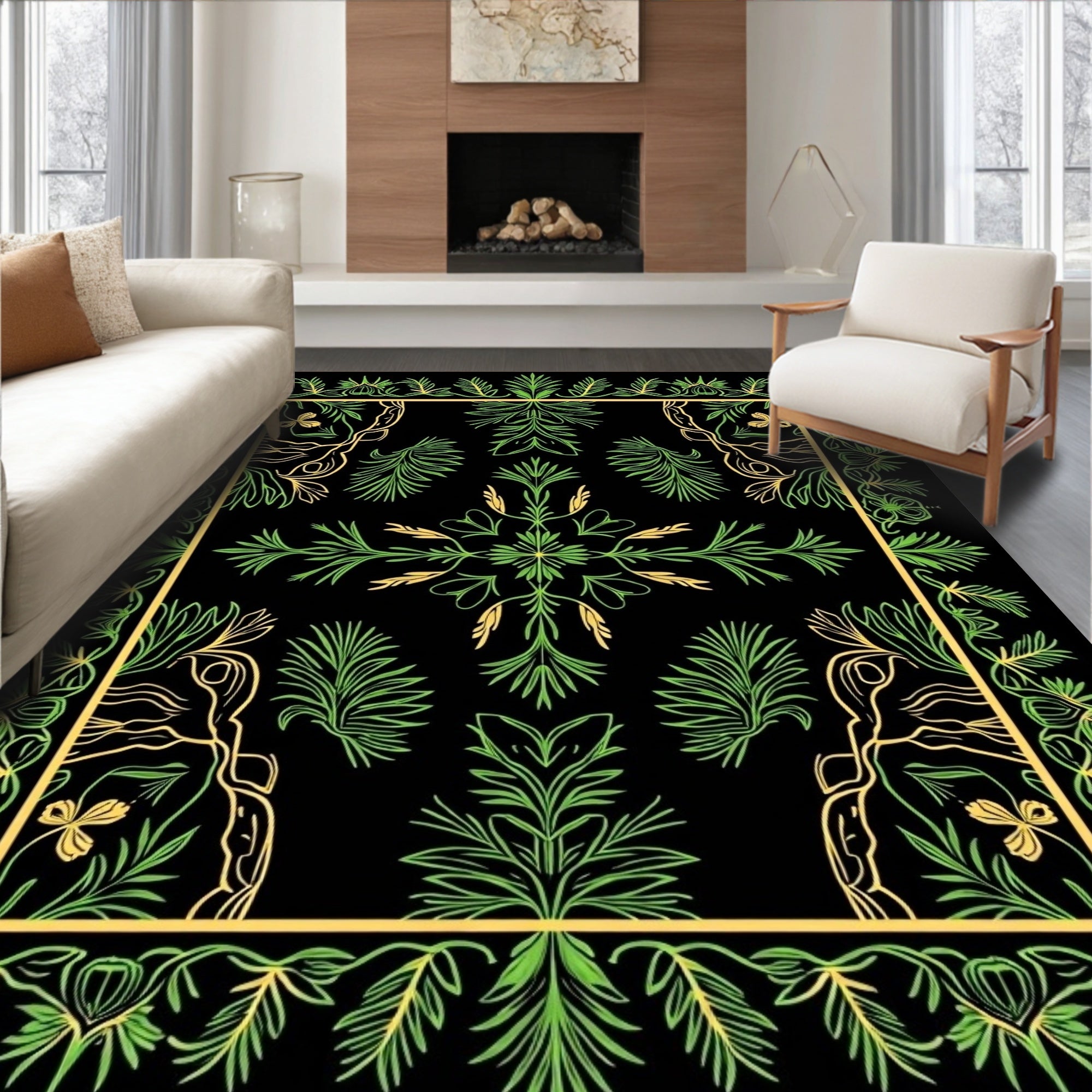 Green Leafy Border With Central Floral Design Rug