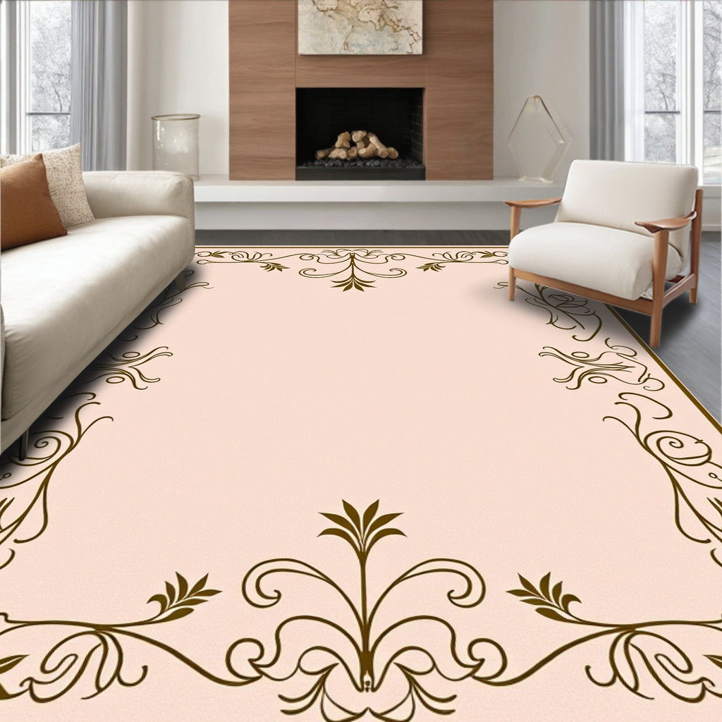 Ornate Brown Filigree Floral Border Rug