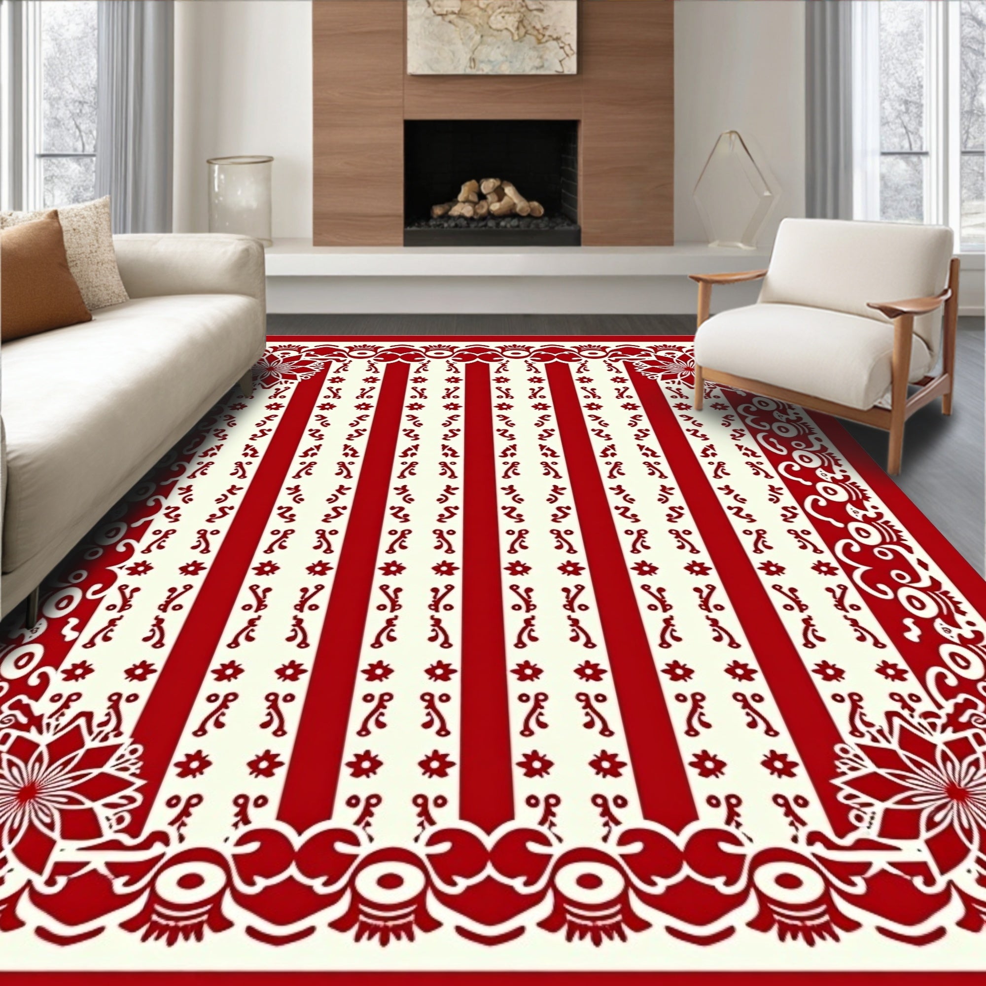 Artistic Red Cream Floral Stripe Rug