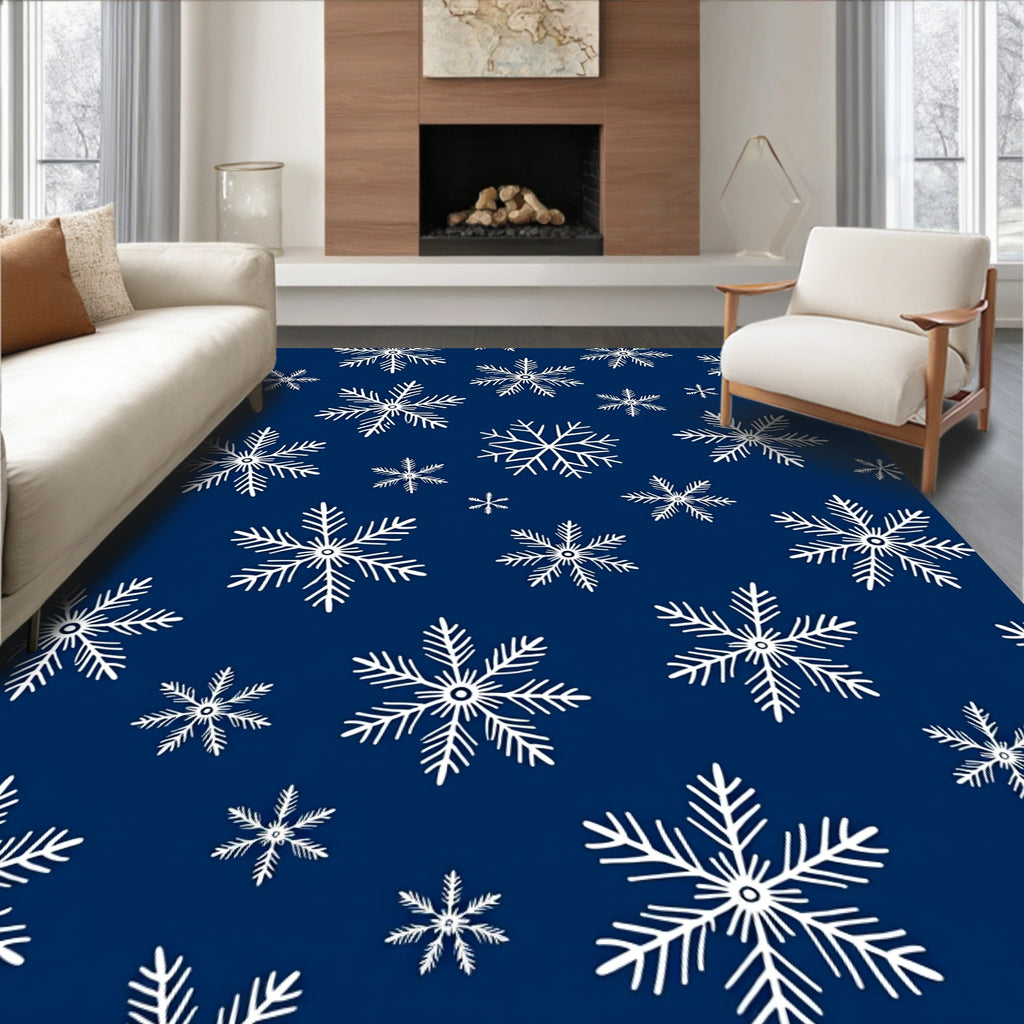 White Snowflake Patterned Dark Blue Rug