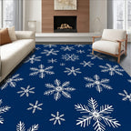 White Snowflake Patterned Dark Blue Rug