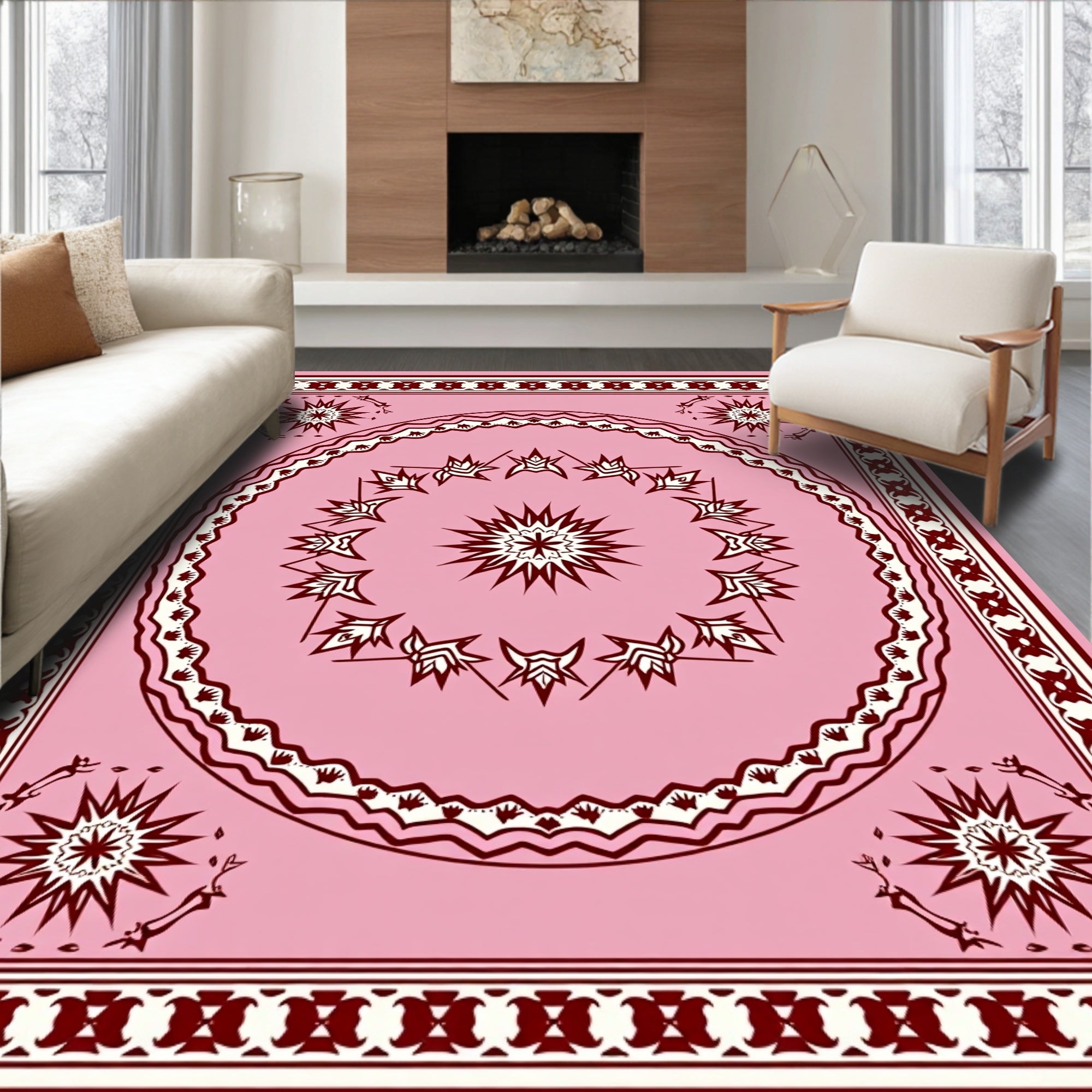 Pink Sunburst Leaf Geometric Design Rug