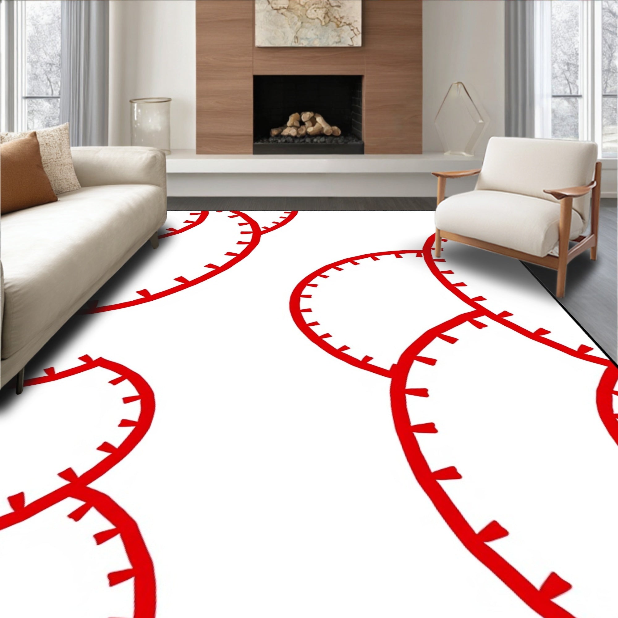 Red Curved Stitch Pattern Rug