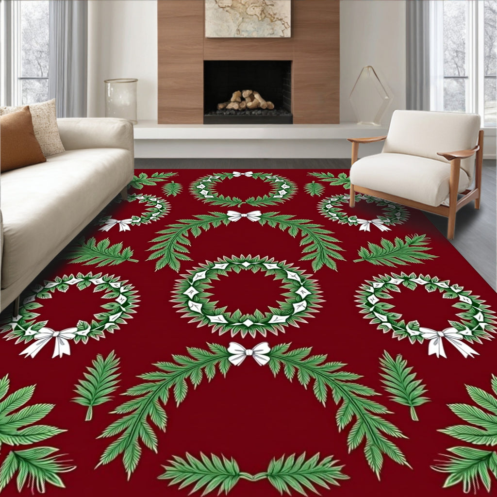 Green Christmas Wreaths with White Bows Rug