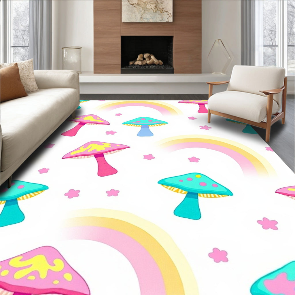 Whimsical Mushroom Rainbow Pattern Rug