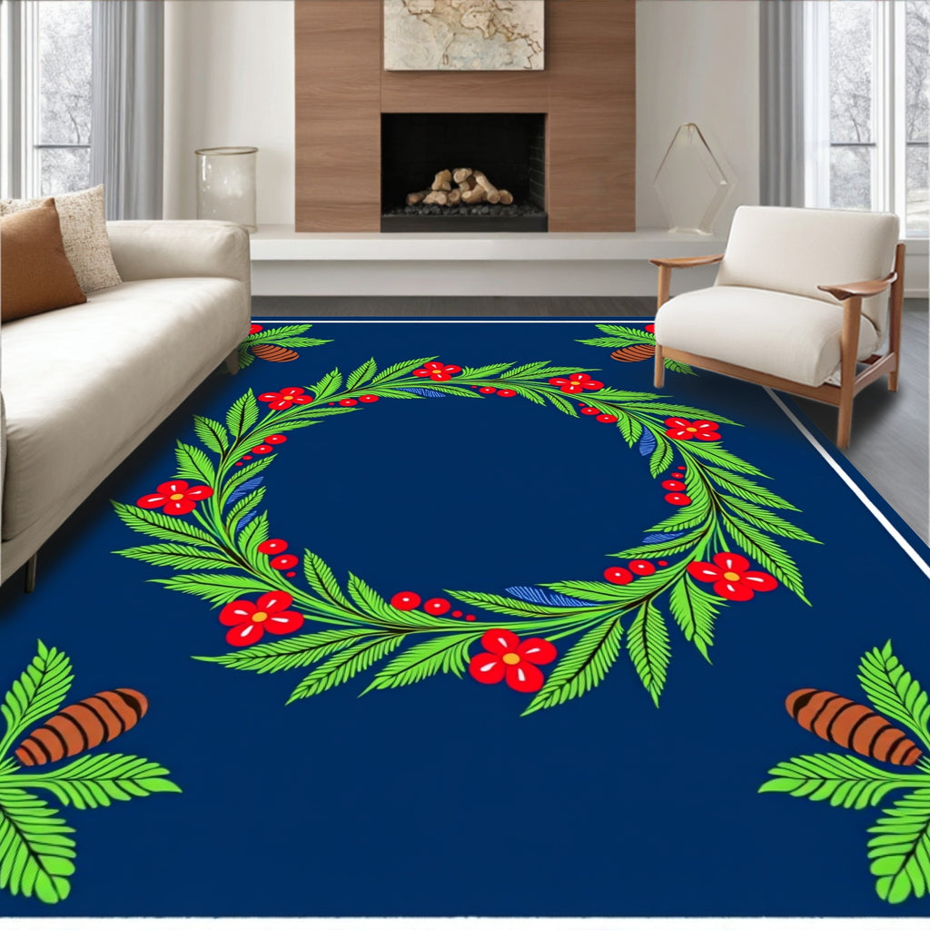 Bold Blue Red Floral Pinecone Wreath Rug