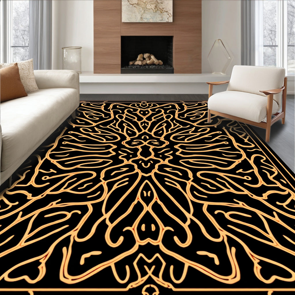 Intricate Black Gold Symmetric Design Rug