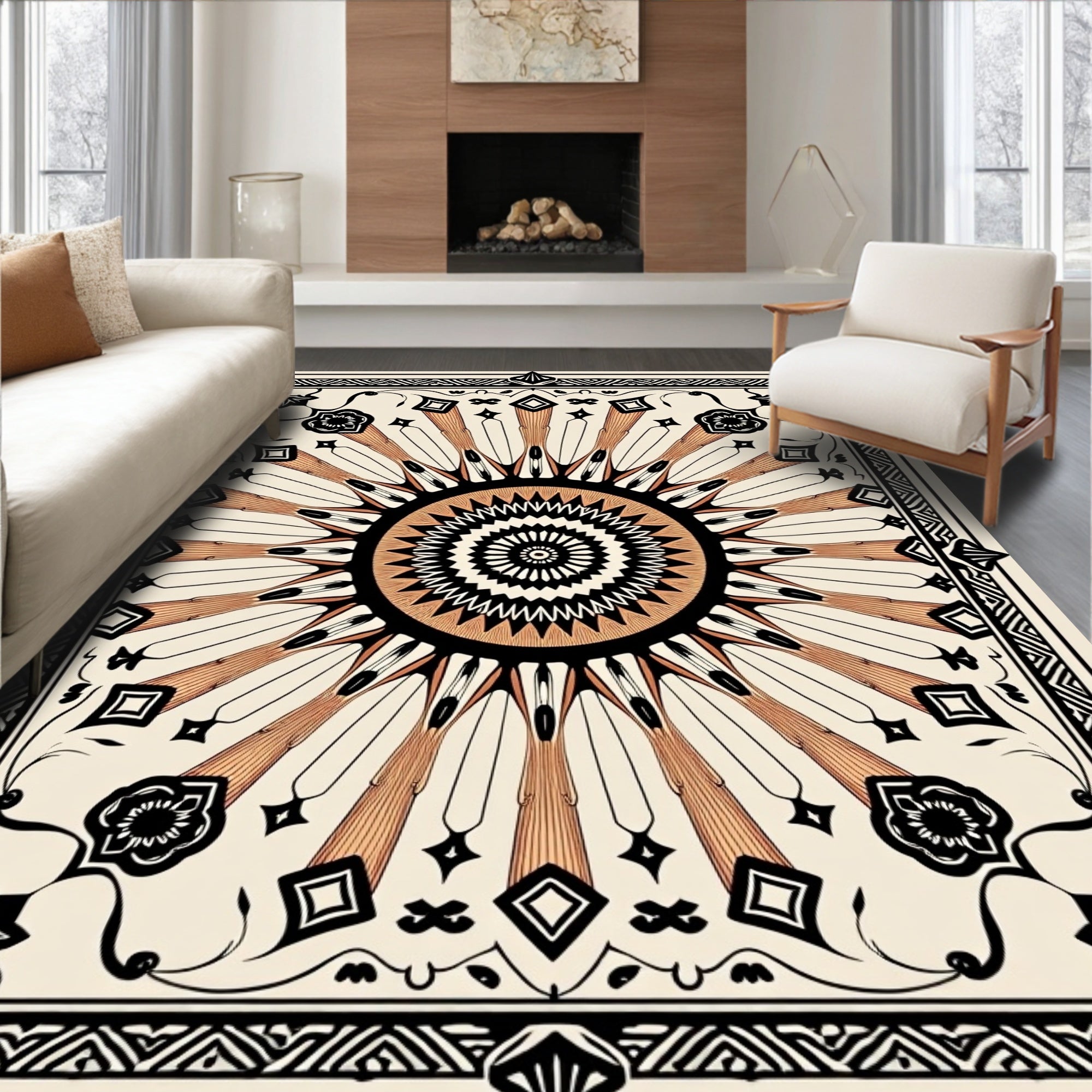 Radiant Sunburst Black Beige Rug