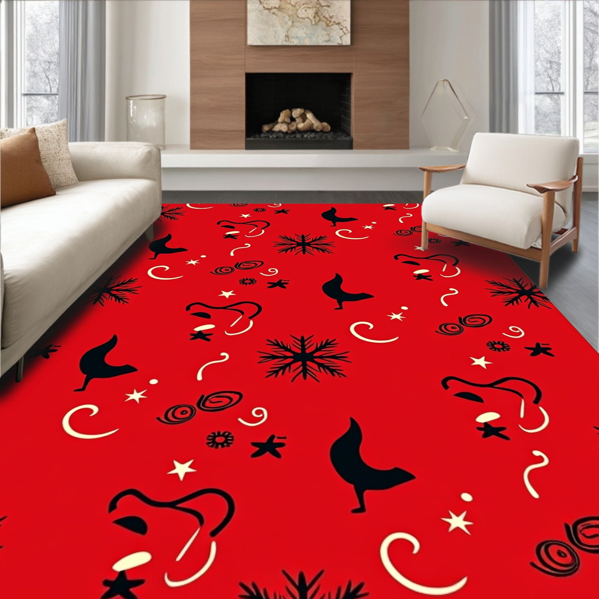 Stylized Red Rooster Snowflake Pattern Rug