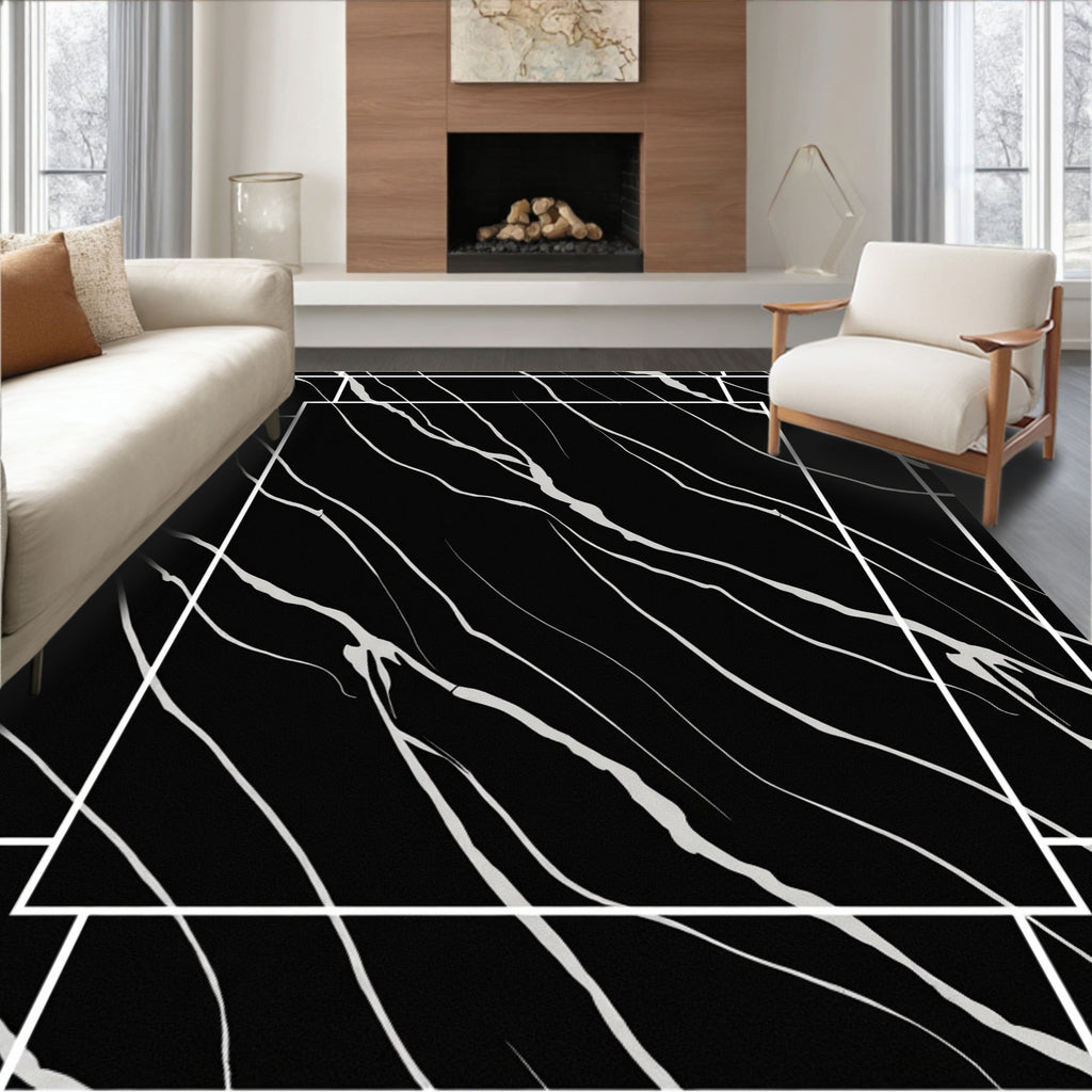 Black White Abstract Marbled Design Rug