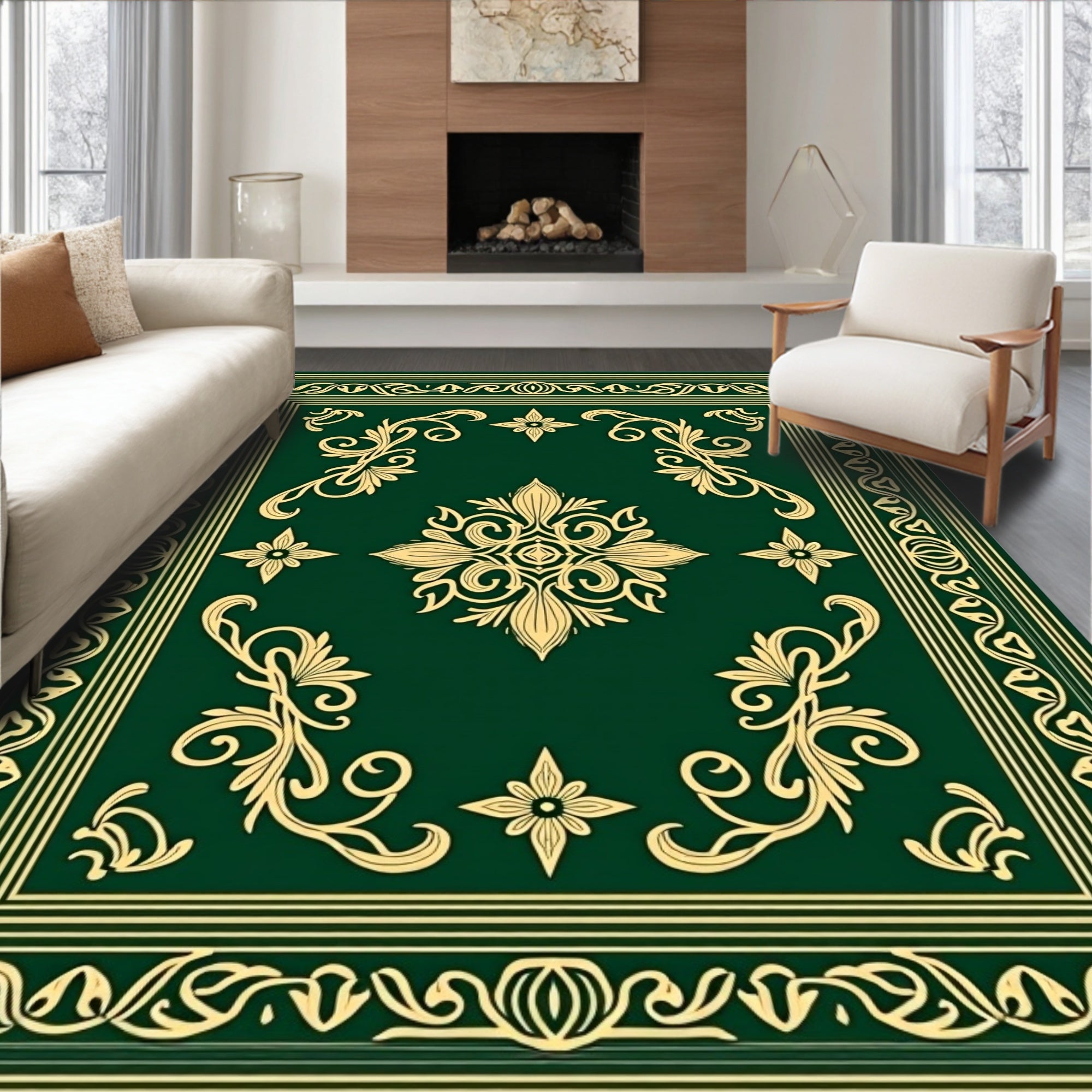 Emerald Green Golden Botanical Medallion Rug