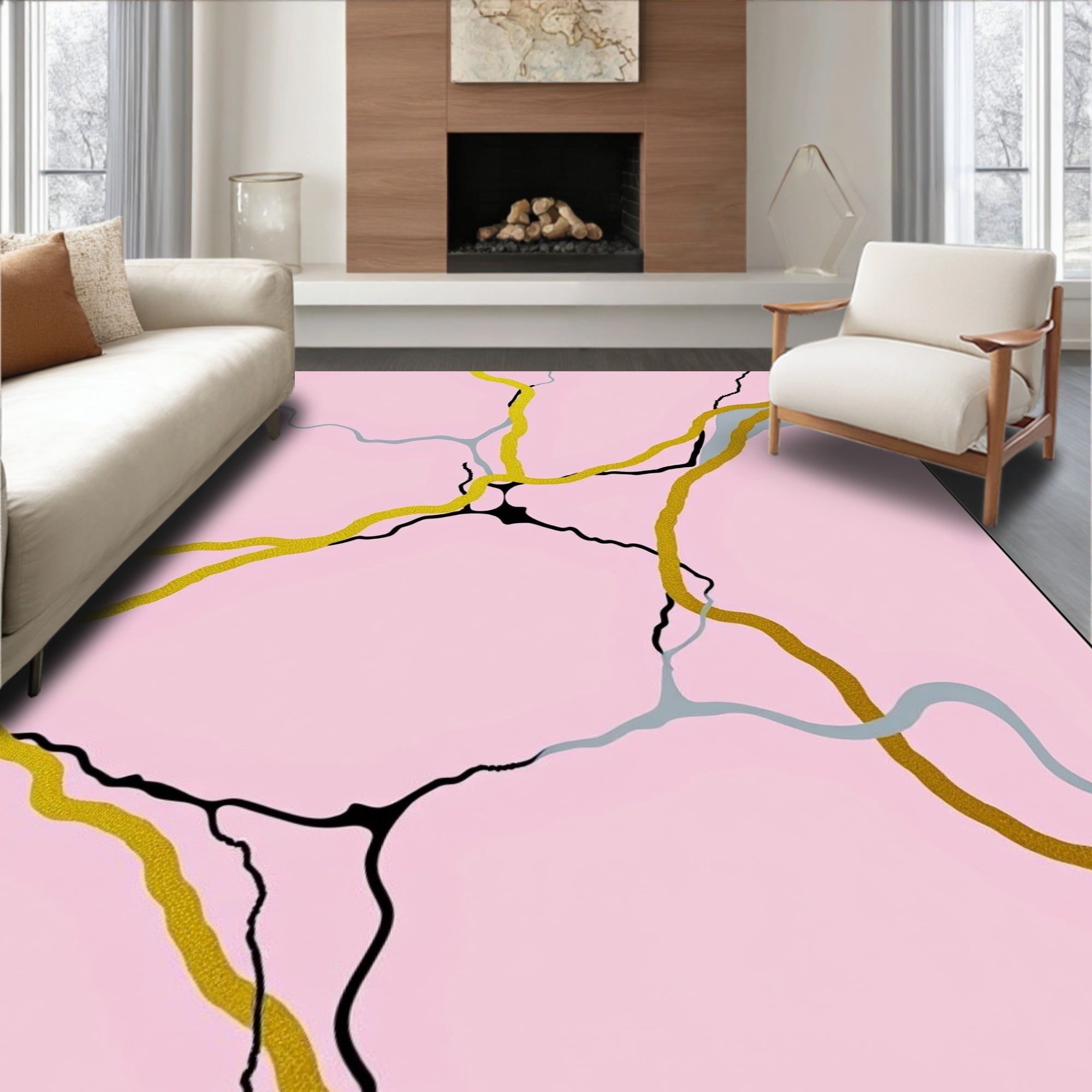 Pink Gold Vein Abstract Pattern Rug