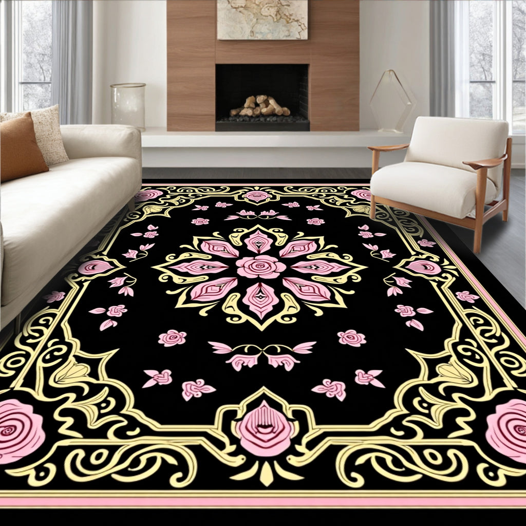 Pink Floral Medallion with Scrollwork Border Rug