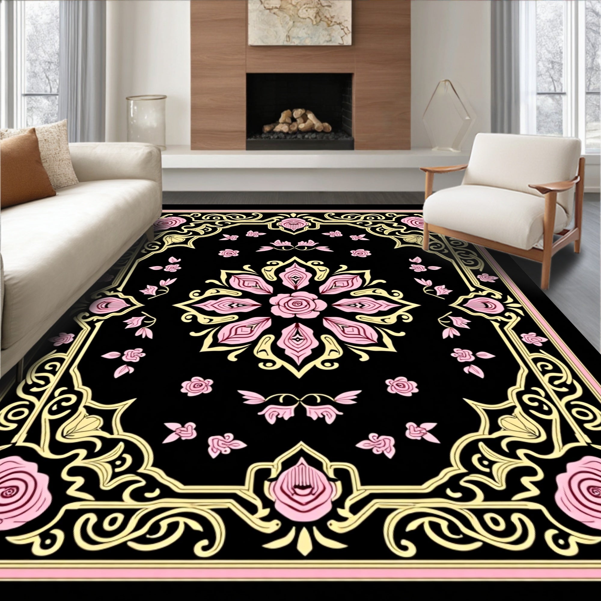 Pink Floral Medallion with Scrollwork Border Rug