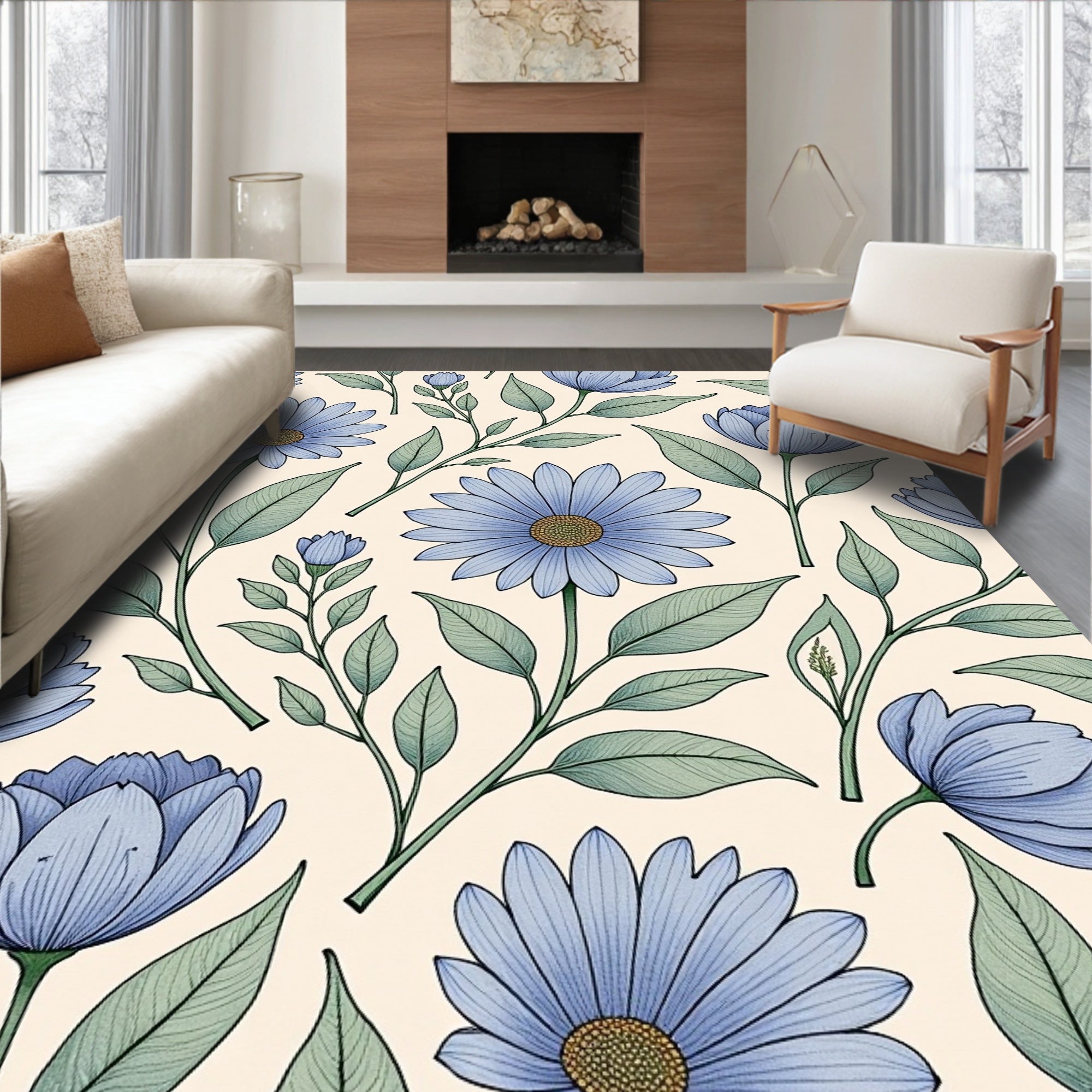Blue Daisy Floral Pattern Rug