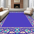 Ornate Floral Scrollwork Blue Border Rug