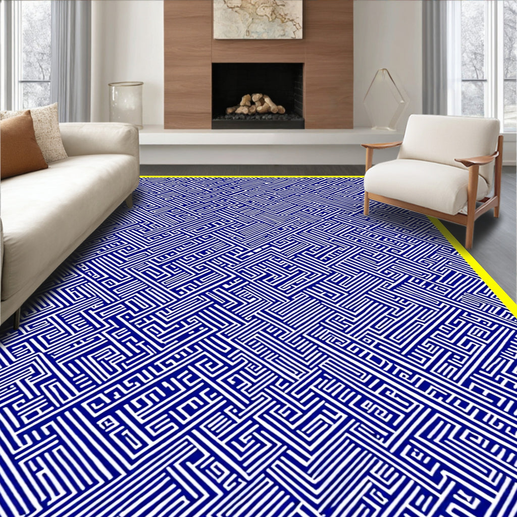 Blue White Abstract Linear Pattern Rug