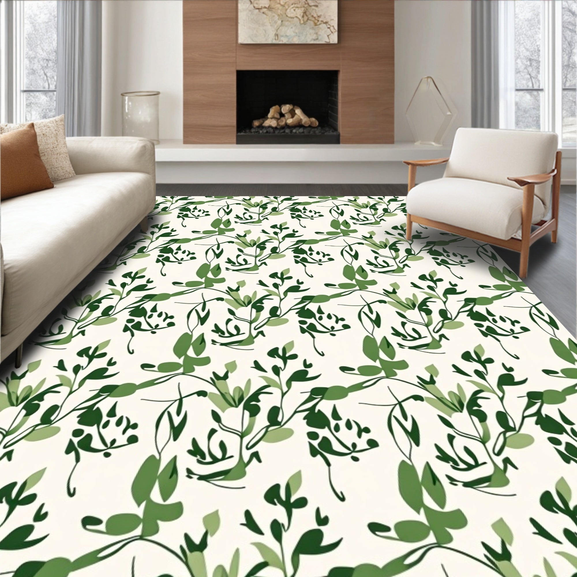 Green Botanical Leaf Pattern Rug