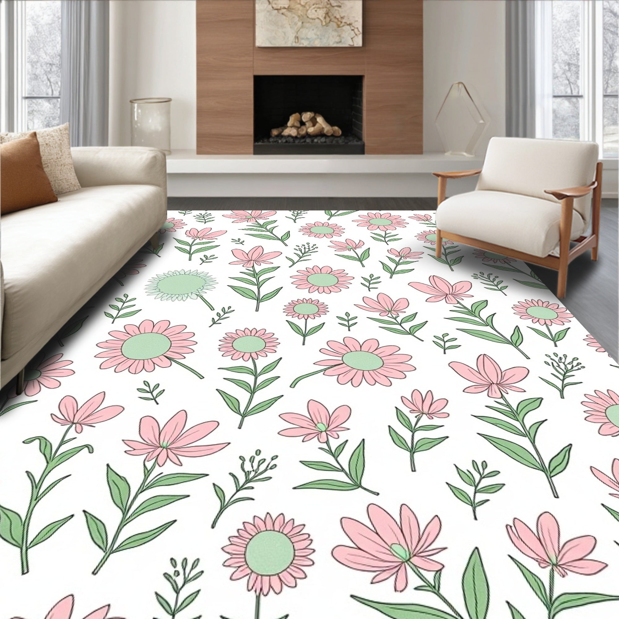 Pink Daisy Floral Pattern Rug