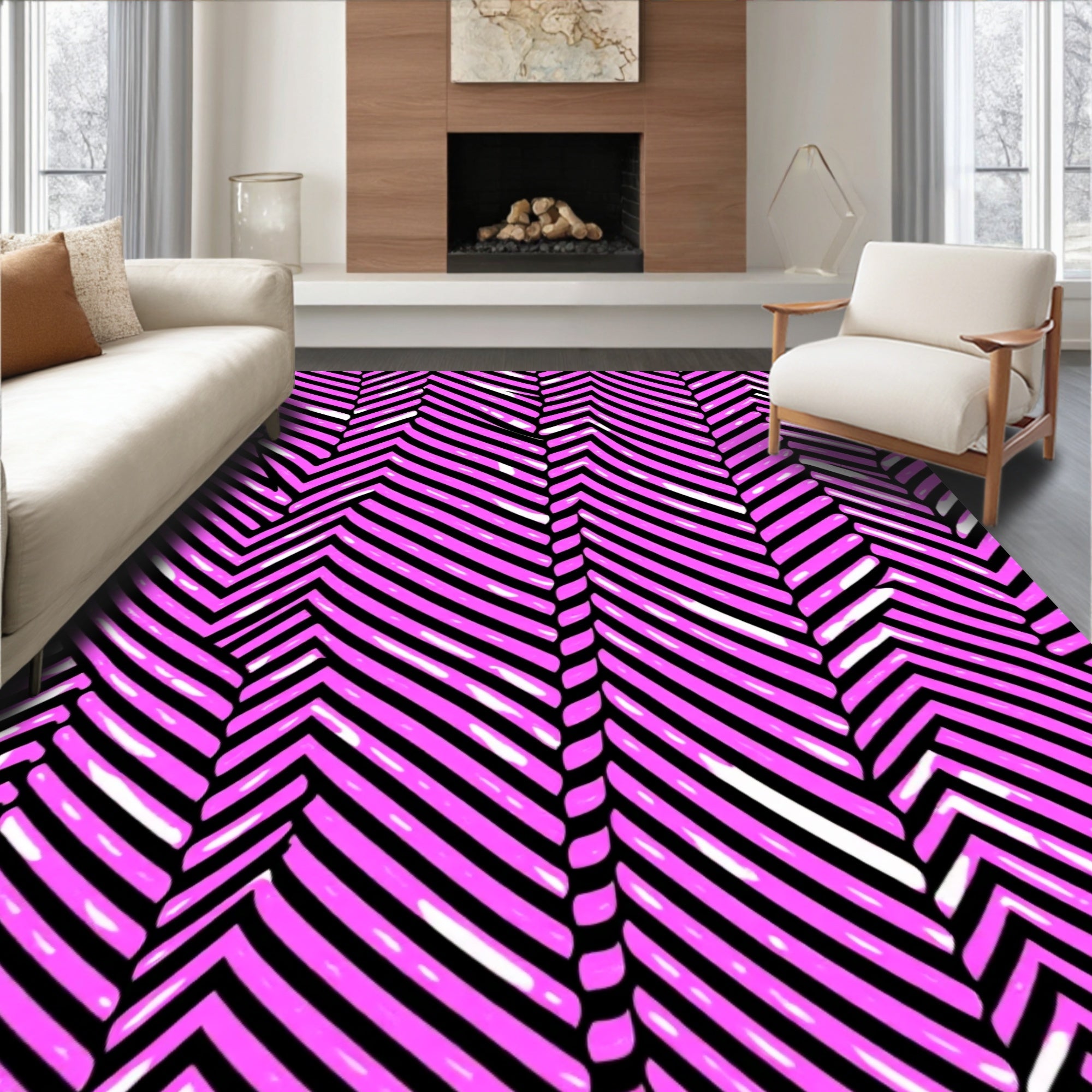 Pink Black Wavy Stripe Design Rug