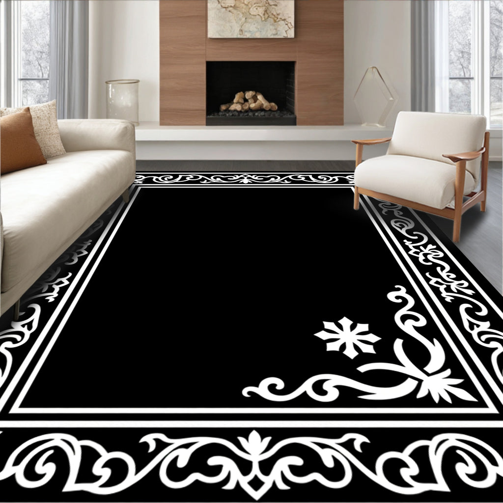 White Floral Scrollwork Patterned Rug
