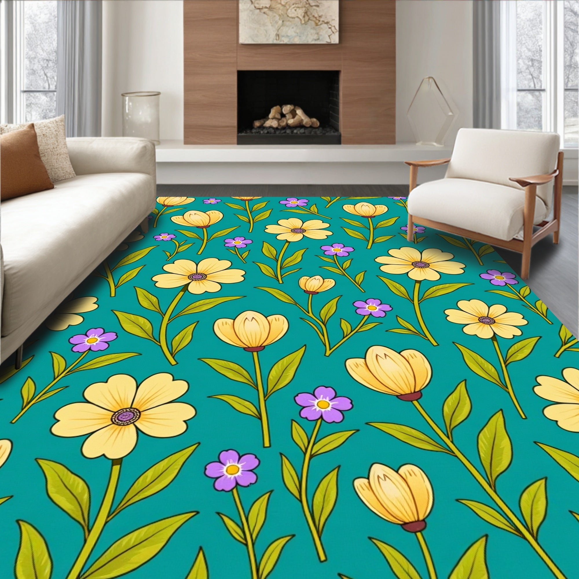 Yellow Purple Floral Botanical Pattern Rug