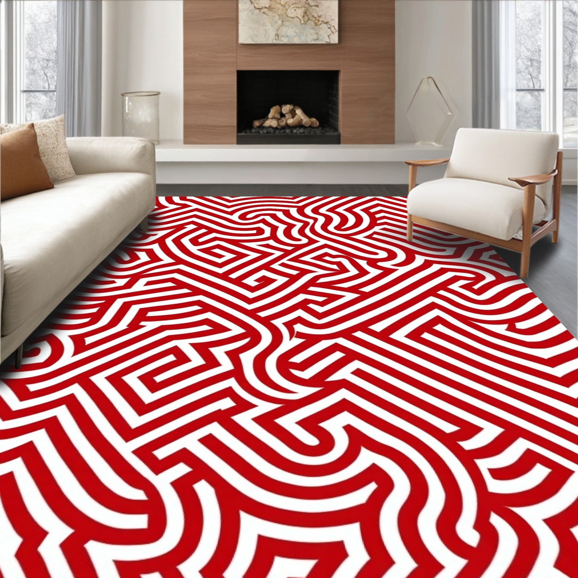 Bold Red Abstract Maze Lines Rug