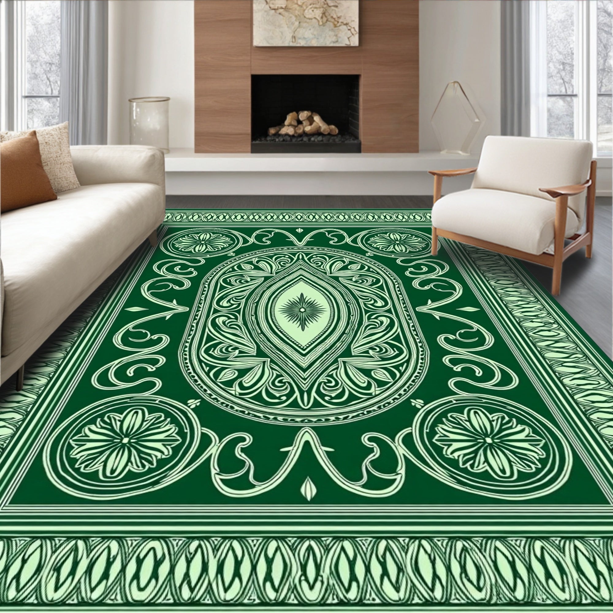 Emerald Green Ornate Floral Medallion Rug