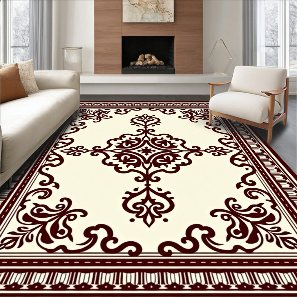 Classic Cream Burgundy Scrollwork Rug
