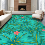 Teal Tropical Leaf Flower Pattern Rug