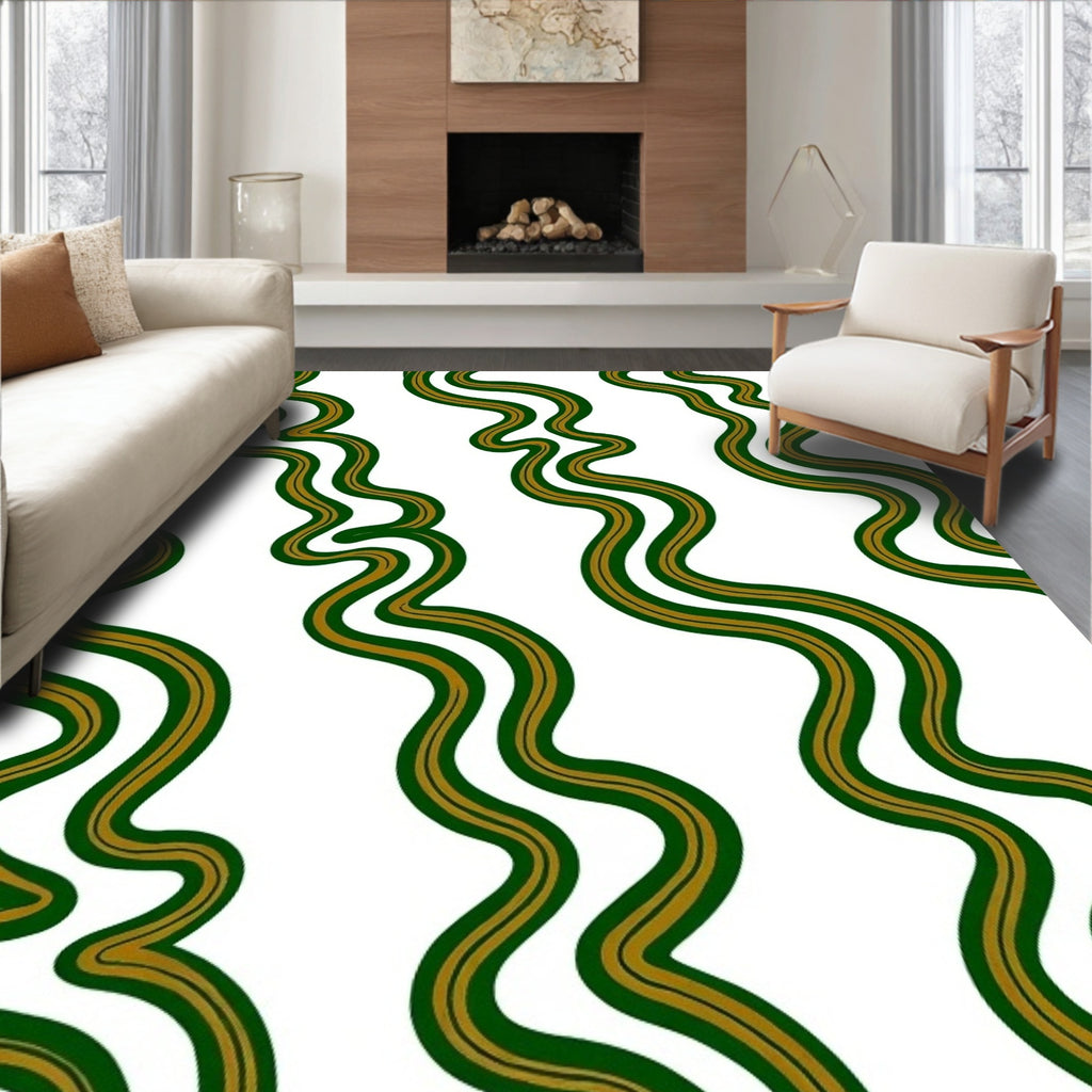 Curved Green Gold Waves Pattern Rug