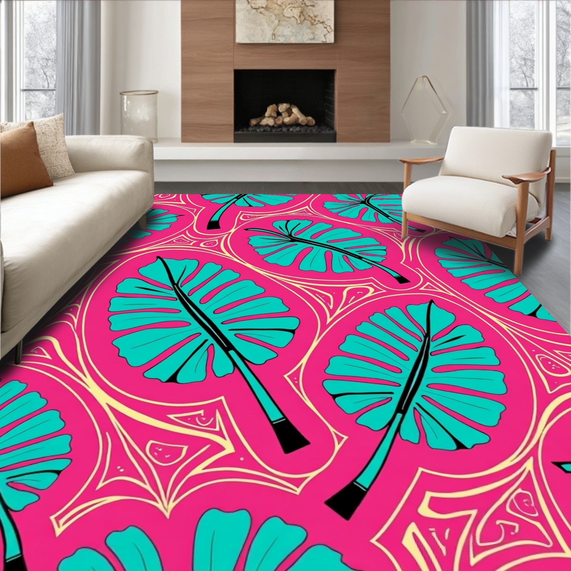 Vibrant Teal Leaf Tropical Swirl Rug