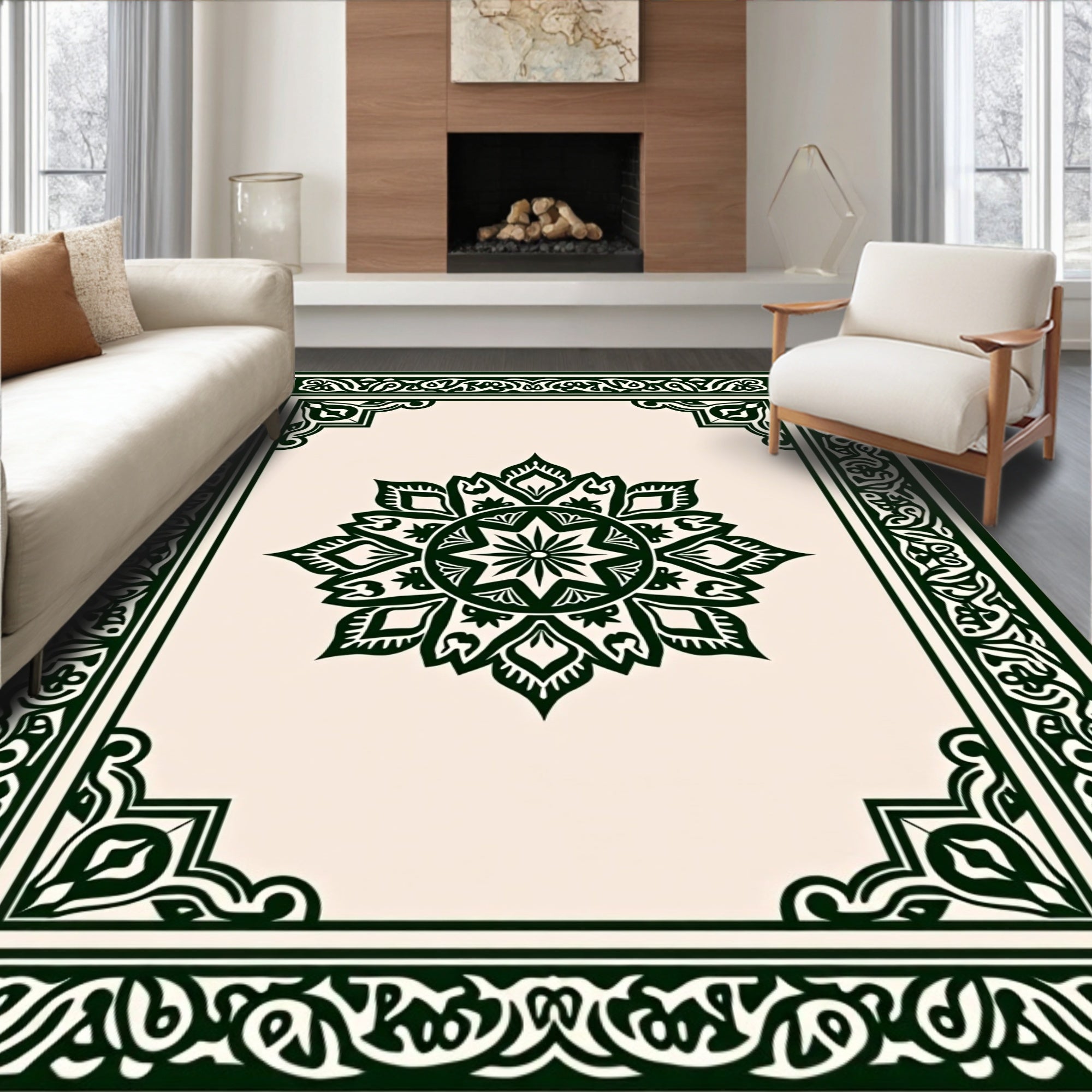 Dark Green Intricate Floral Mandala Design Rug
