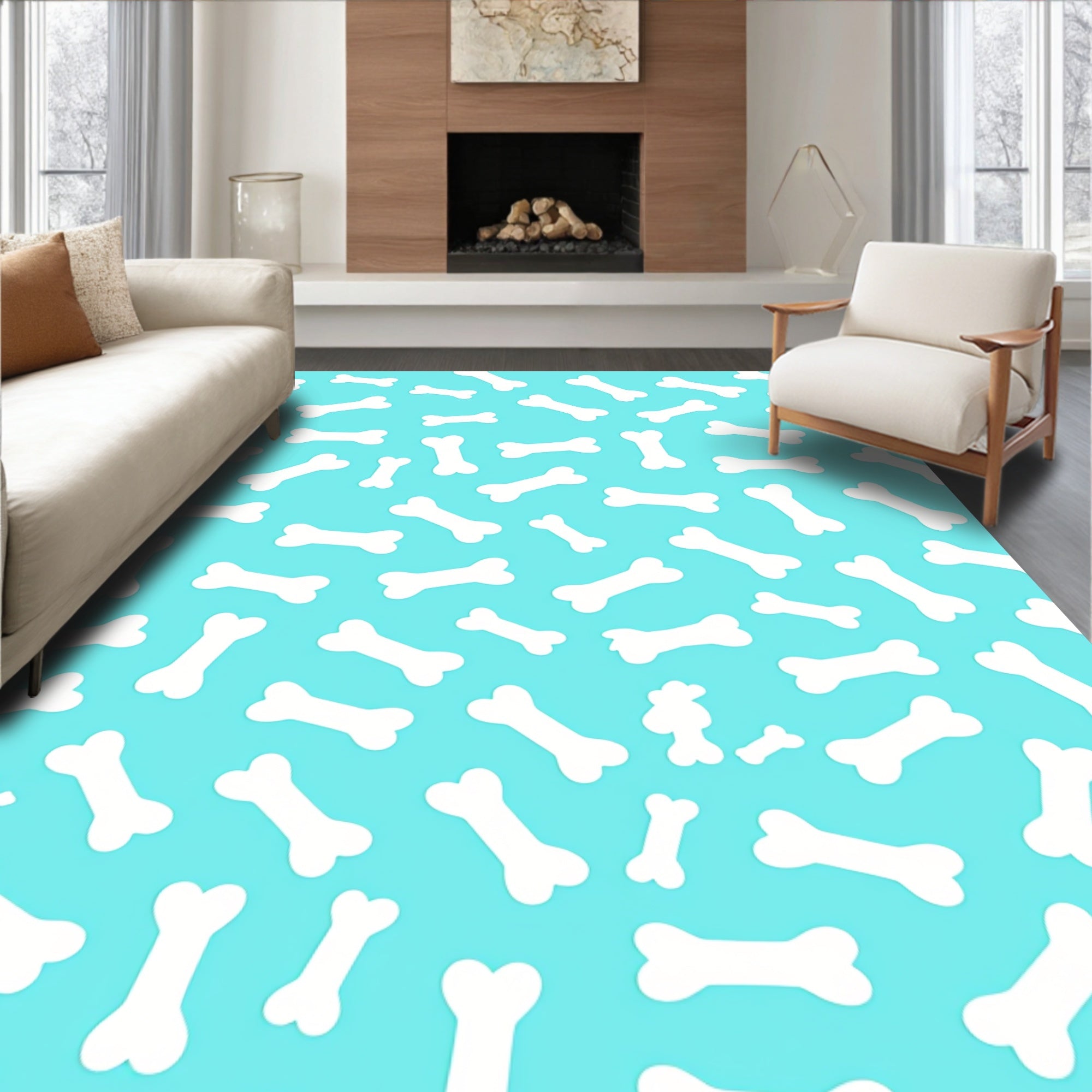 White Bone Pattern On Blue Background Rug