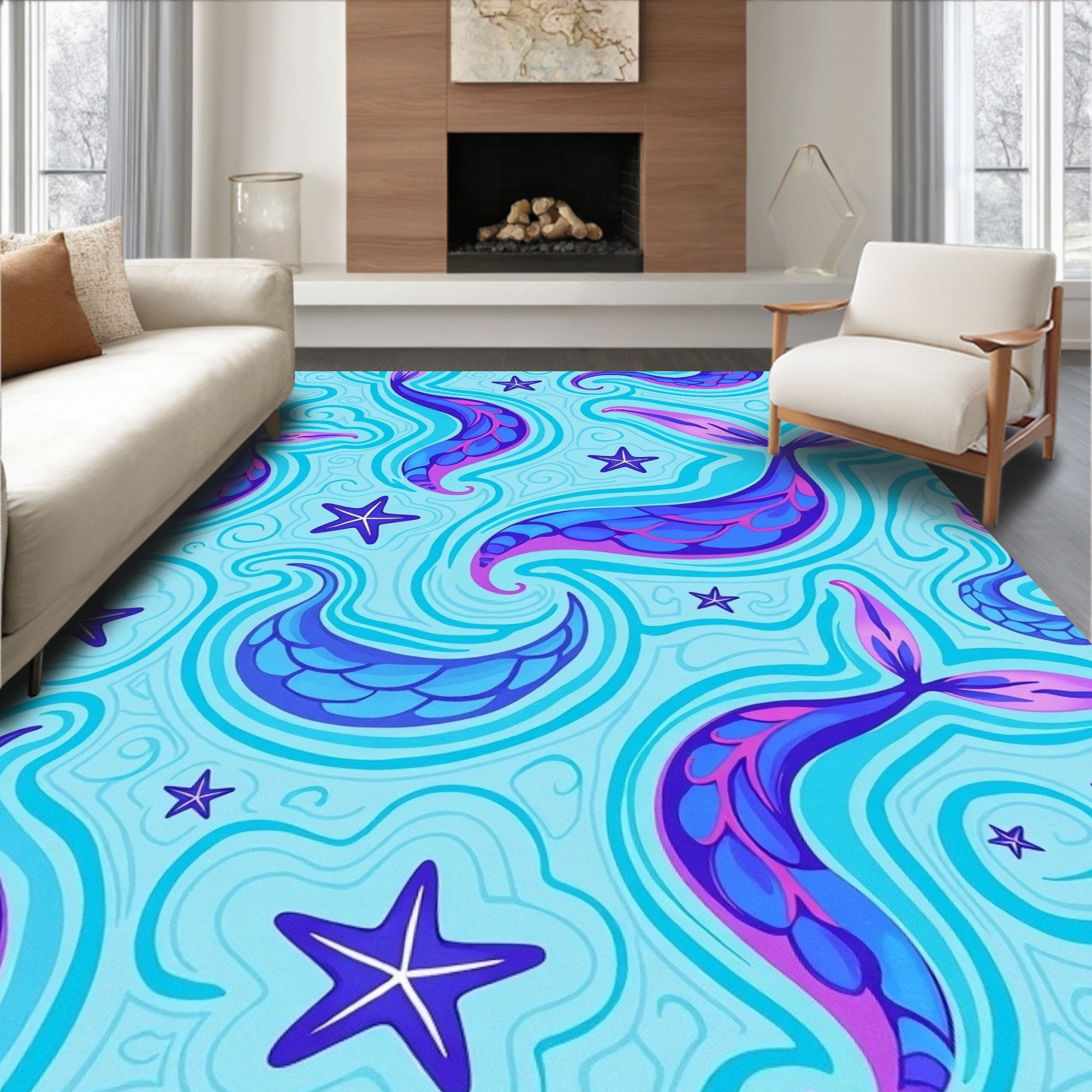 Whimsical Mermaid Tails Starfish Pattern Rug