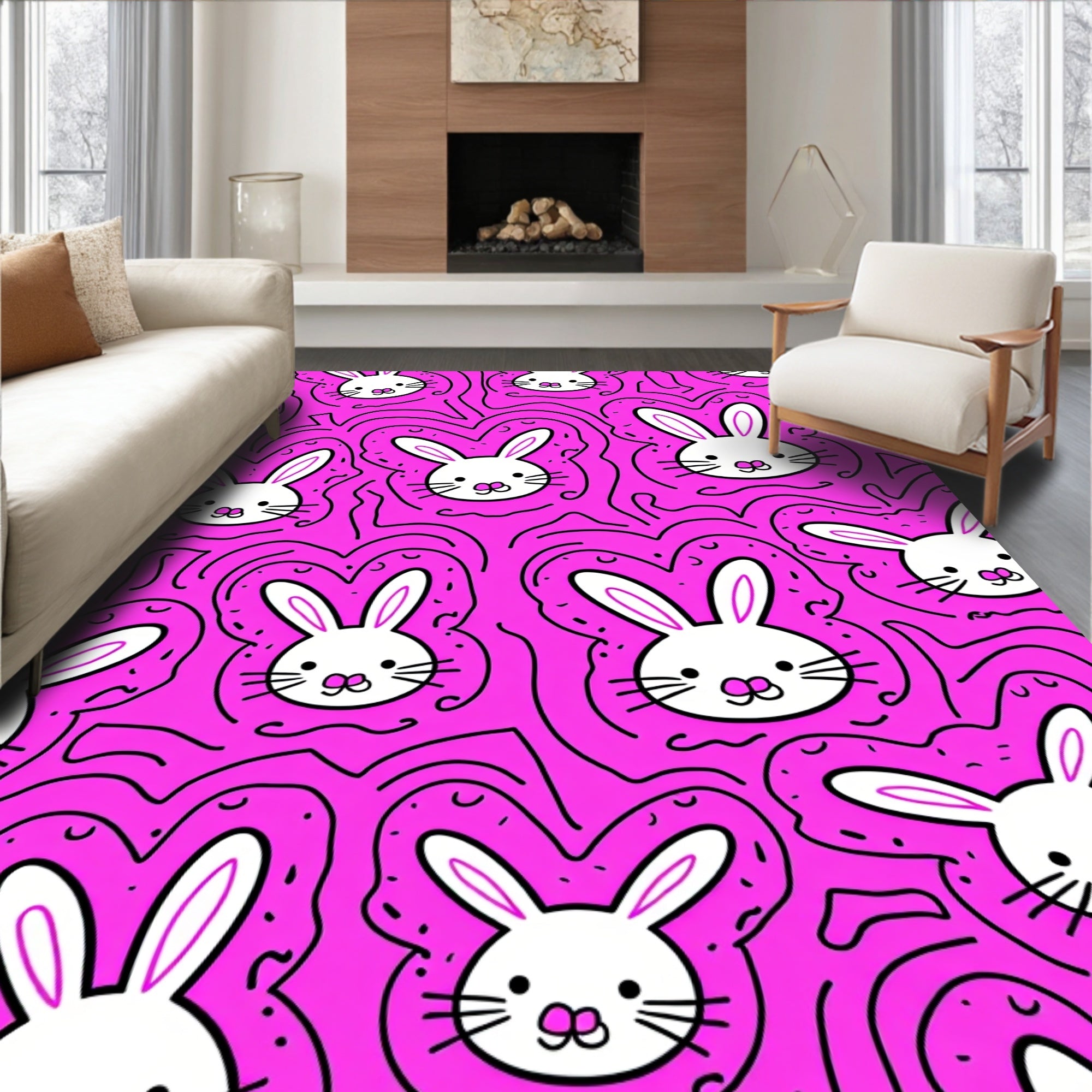 Playful Bunny Faces Pink Pattern Rug