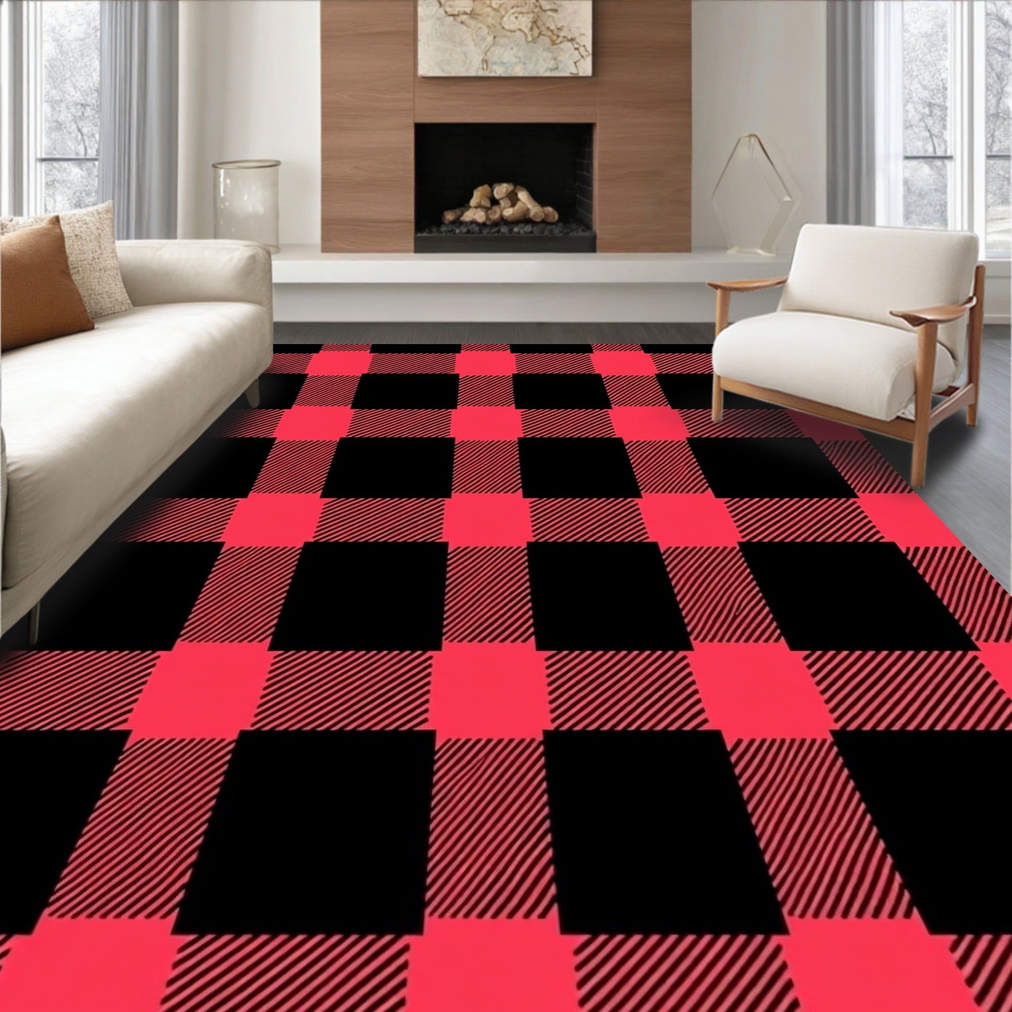 Crimson Black Gingham Checkered Rug