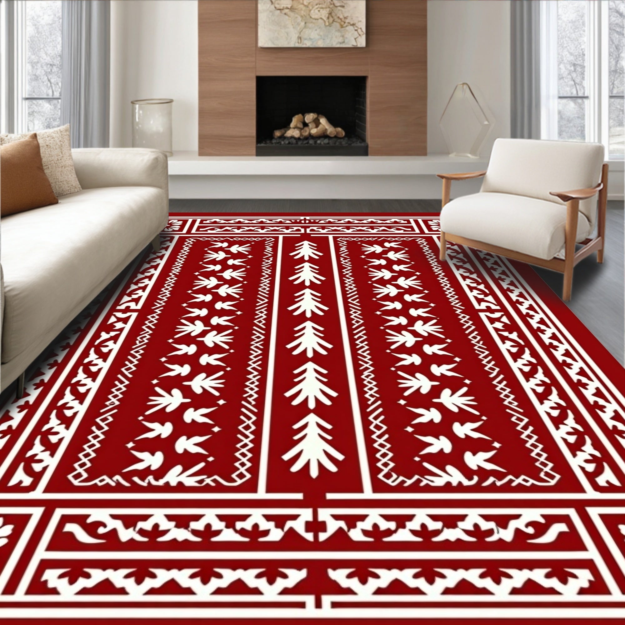 Vertical Symmetry Red White Patterned Rug