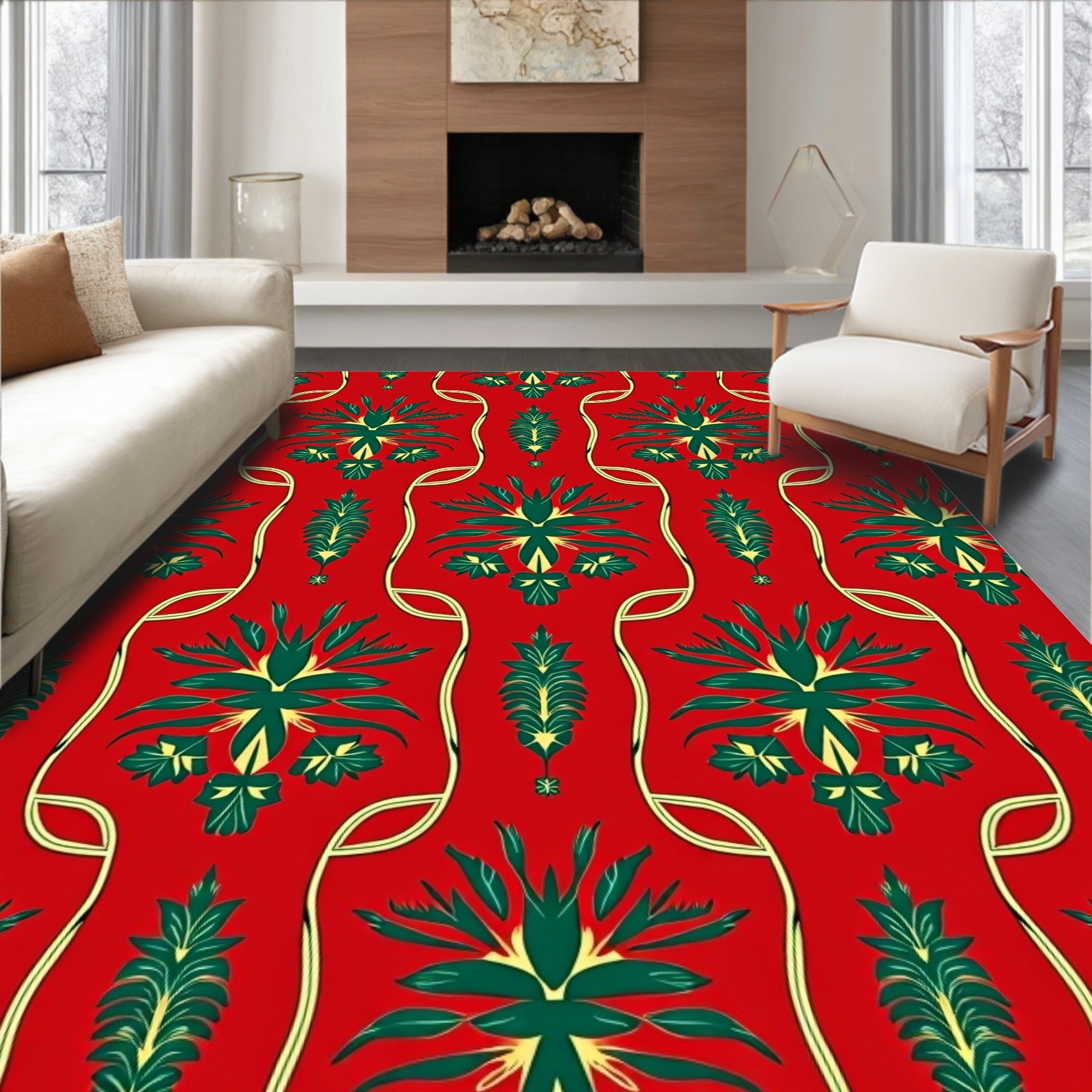 Traditional Red Green Floral Motif Rug