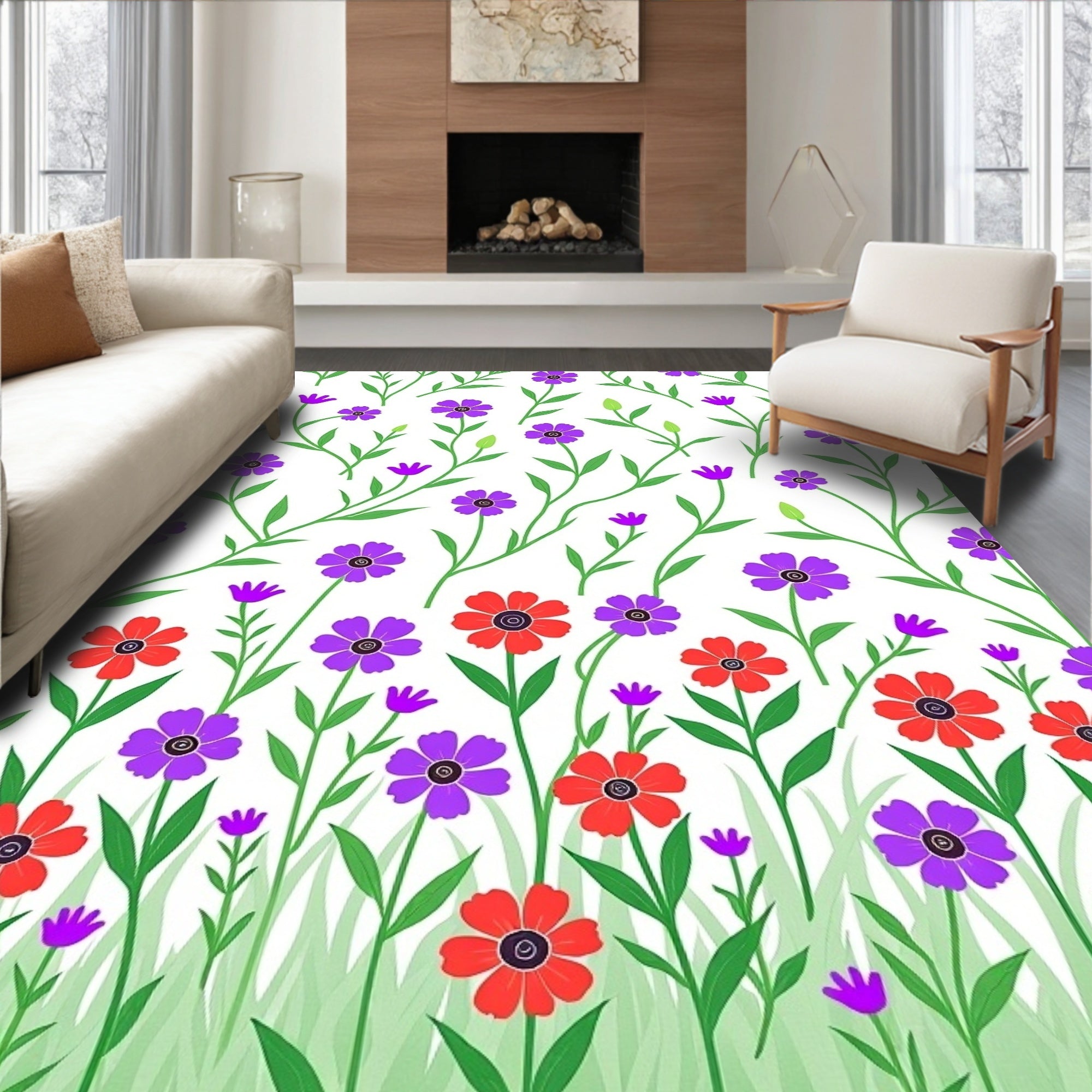 Whimsical Field of Flowers Pattern Rug