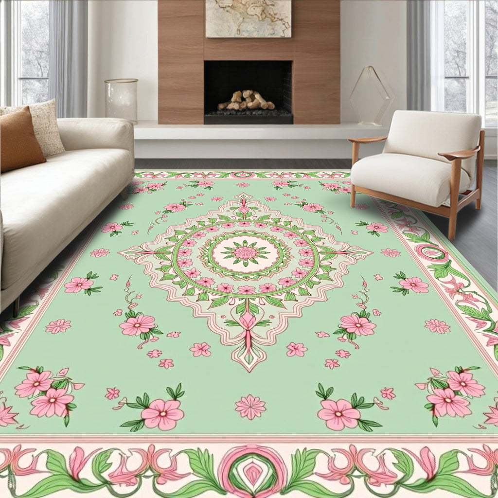 Pastel Pink Green Floral Mandala Design Rug