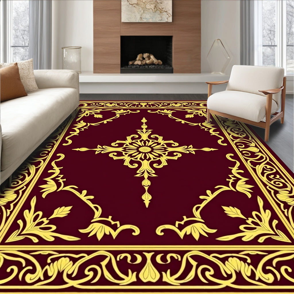 Classic Gold Floral Scroll Pattern Rug