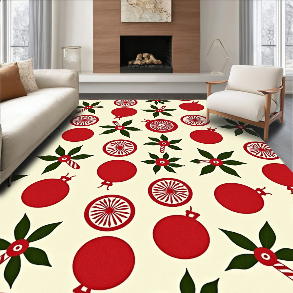 Festive Red Bauble Holly Pattern Rug