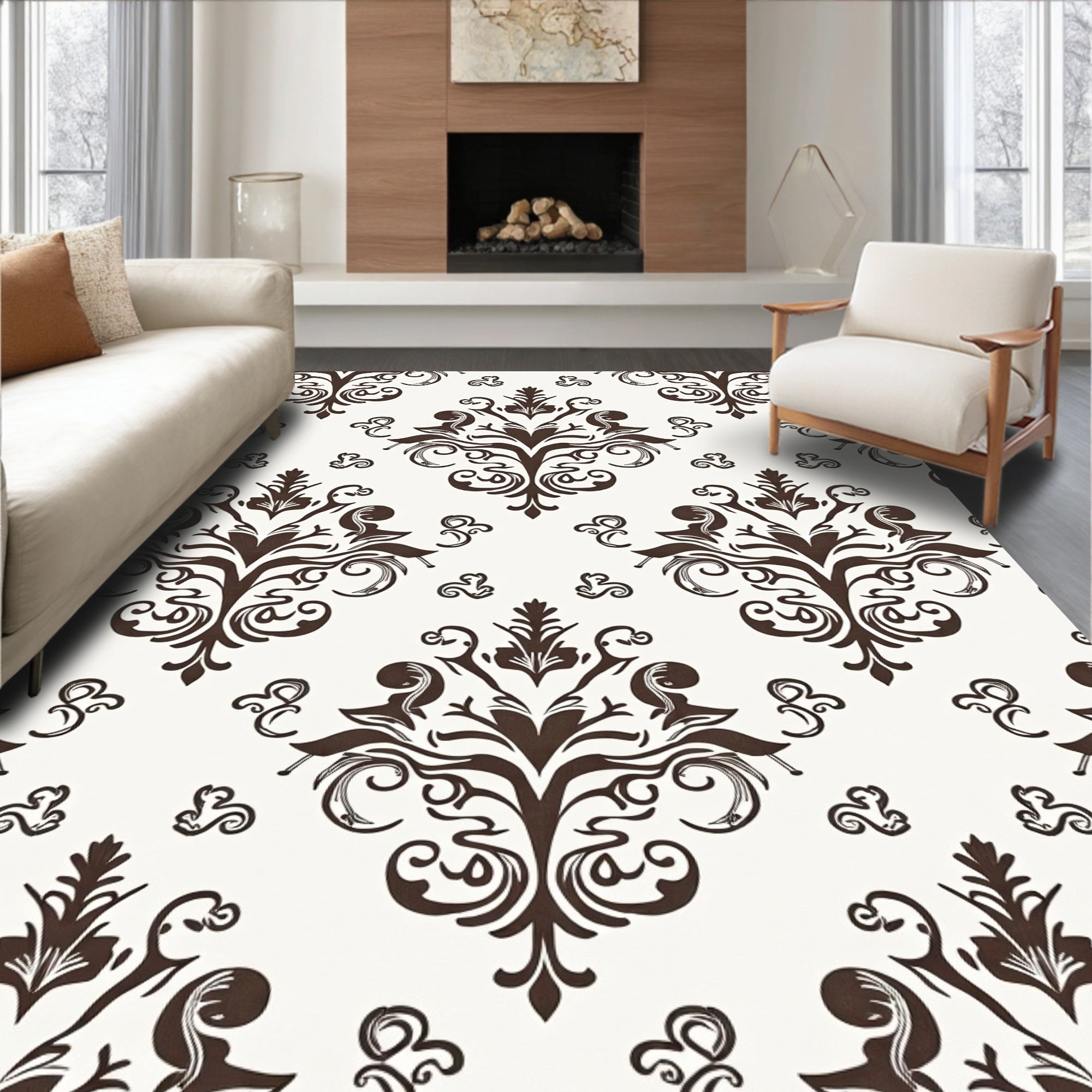 Classic Damask Floral Scroll Pattern Rug