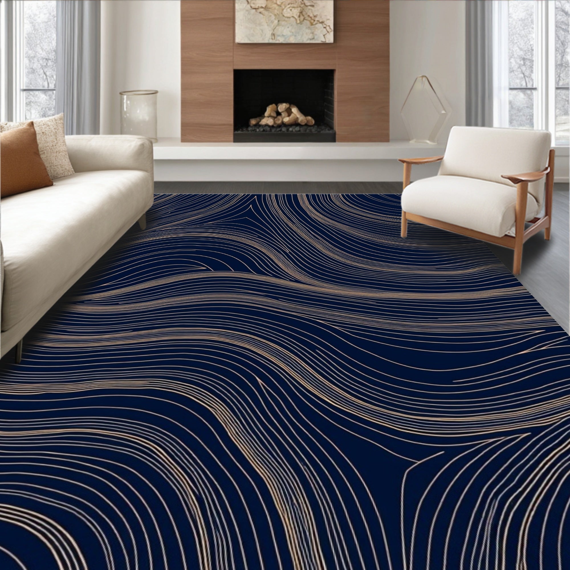 Navy Gold Linear Wave Pattern Rug