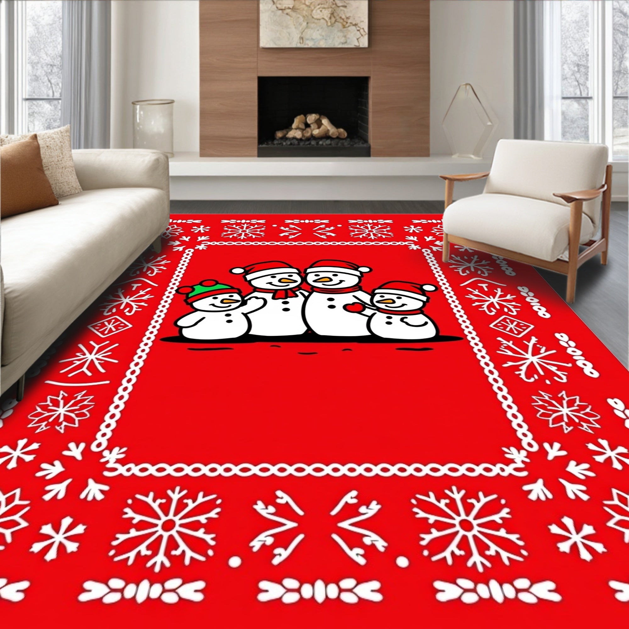 Joyful Snowman Family Snowflake Border Rug