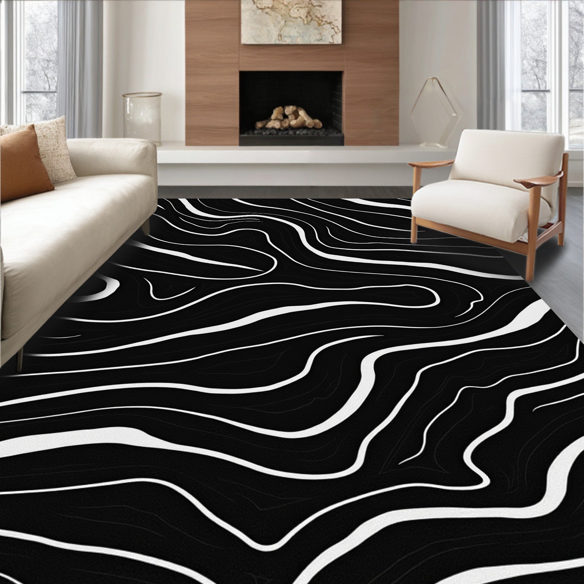 Black White Wavy Stripe Accents Rug
