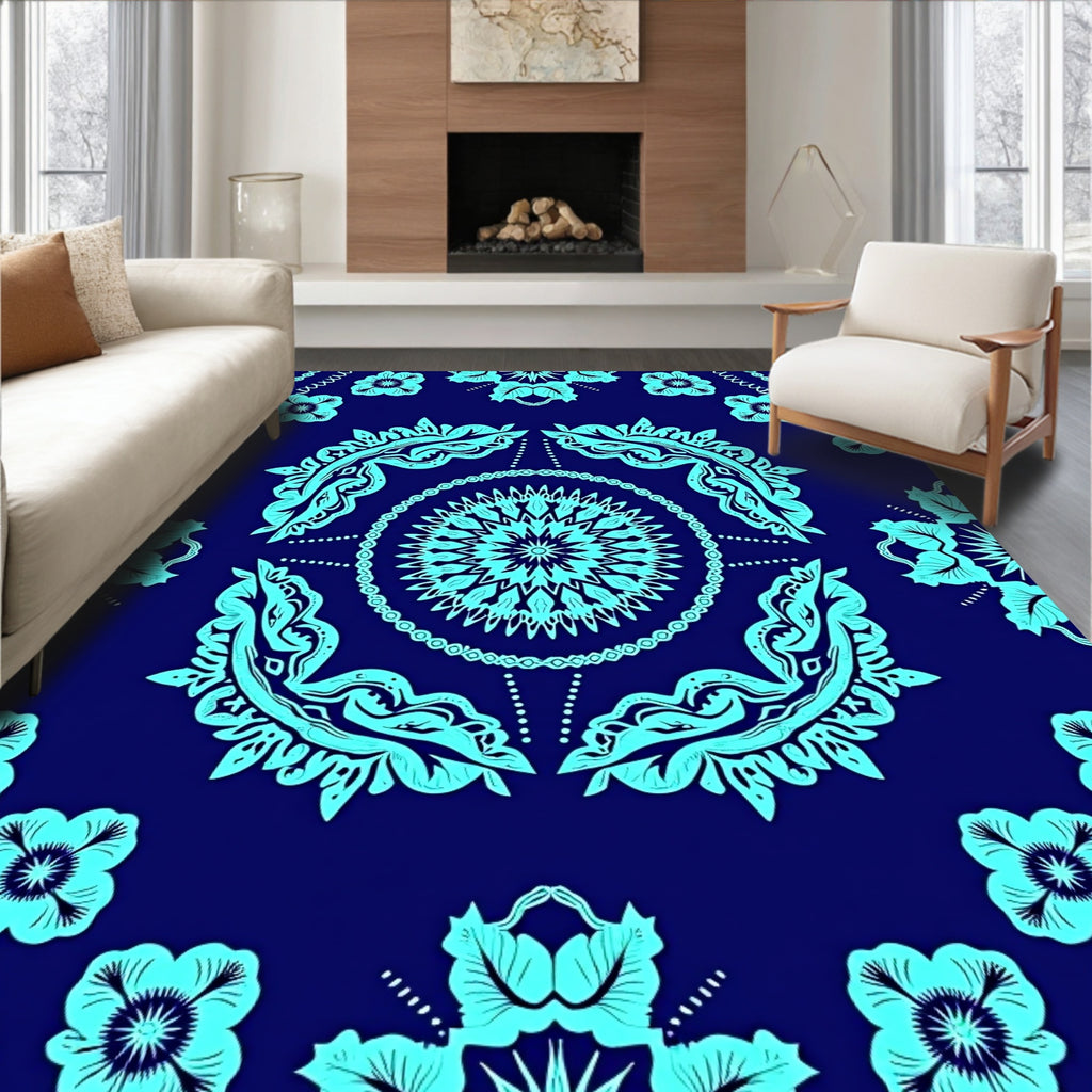 Cyan Floral Mandala Pattern Rug